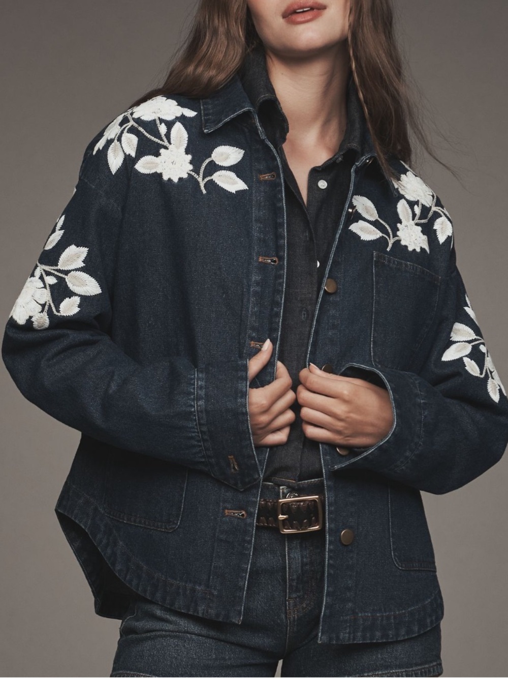 Anthropologie DOLAN Left Coast Denim Chore Jacket with White Floral Embroidery